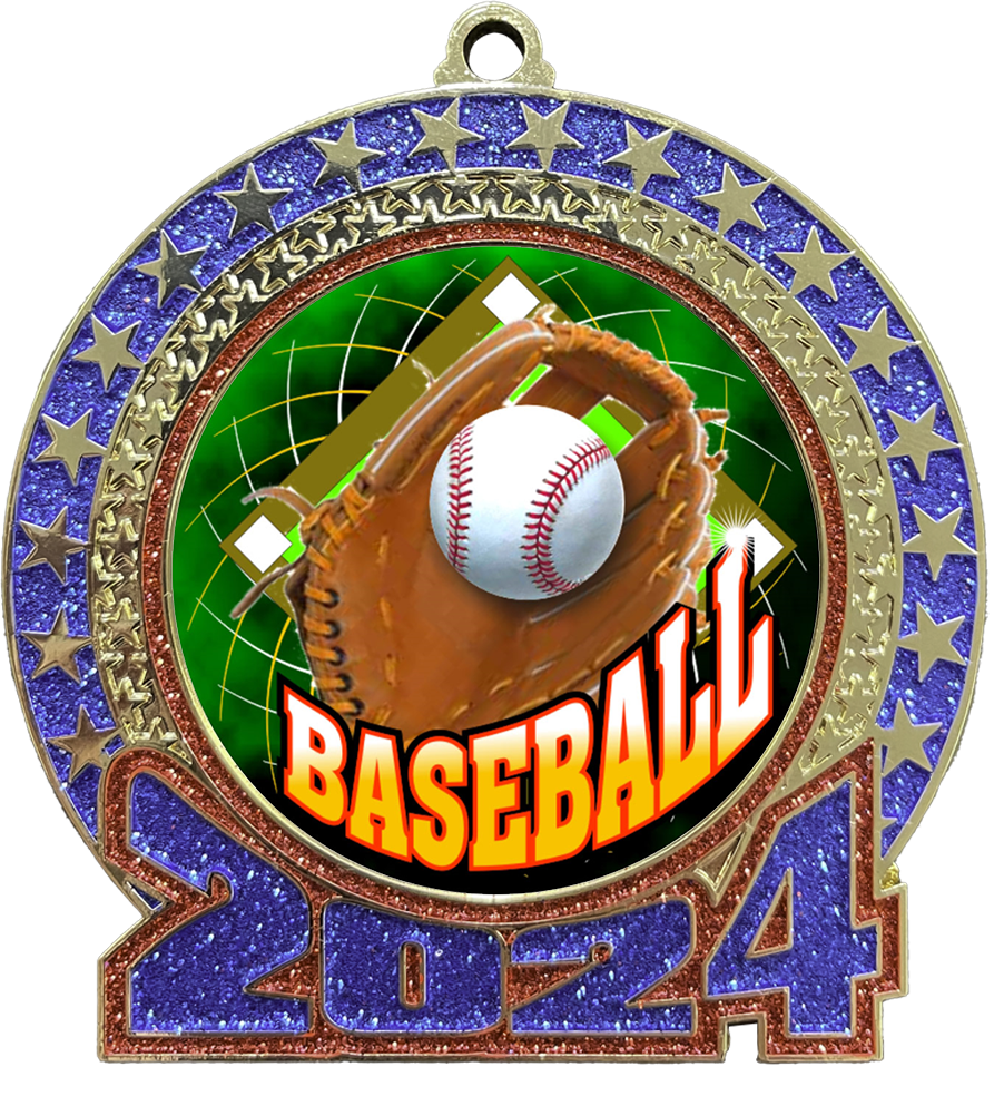 Red and Blue Glitter Baseball Medal 2024 Baseball Award Medal