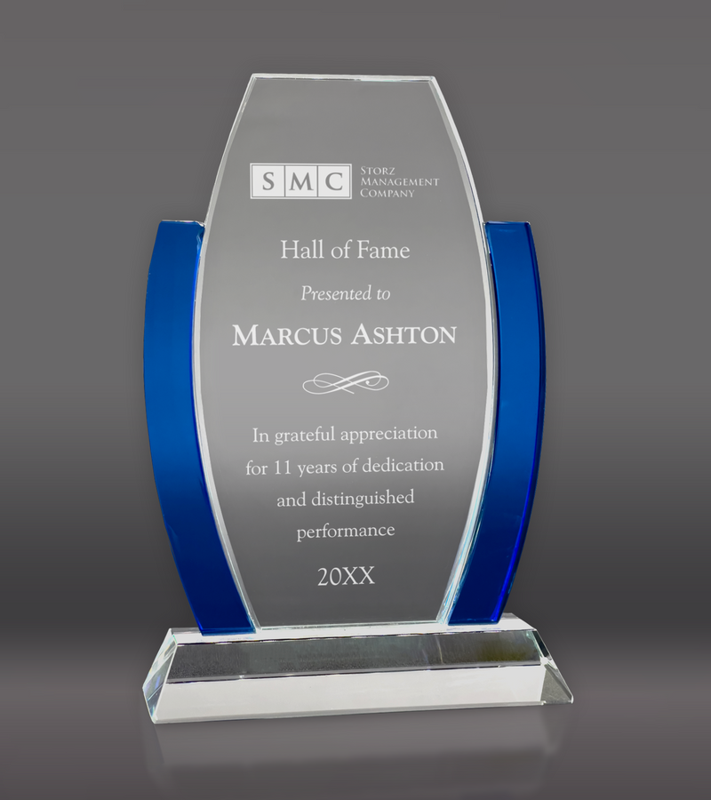 Custom Engraved Glass Award with Blue Anchors