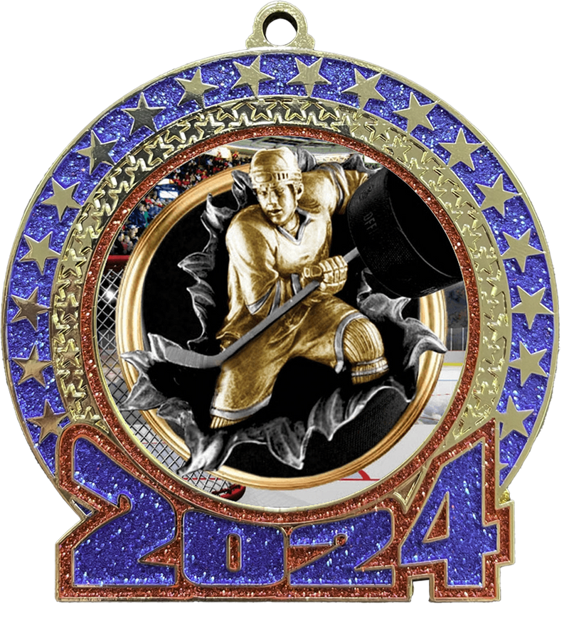 2024 Red and Blue Glitter Hockey Insert Medal