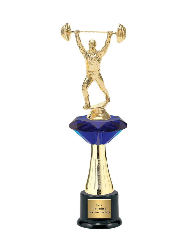 Large Blue Jewel Riser Weightlifting Trophy