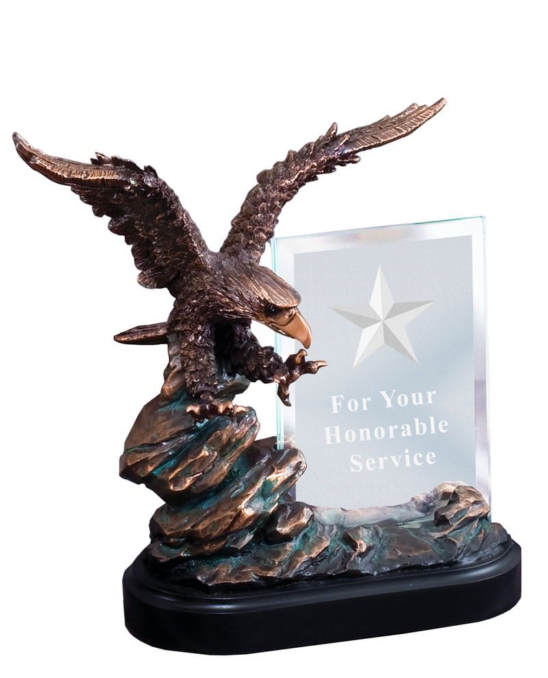 Bronze Cast Metal Eagle on Rock - Engraved Glass