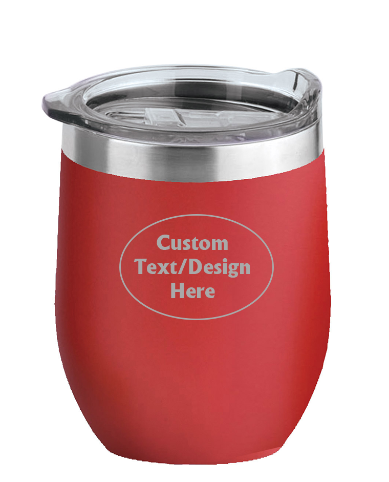 16 oz red insulated wine tumbler with a clear lid and silver engraving