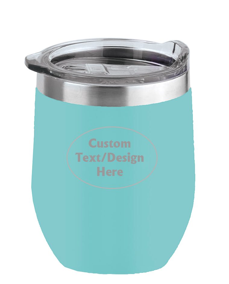 16 oz teal insulated wine tumbler with a clear lid and silver engraving