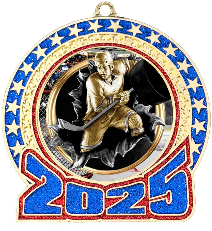 2025 Red and Blue Glitter Hockey Insert Medal