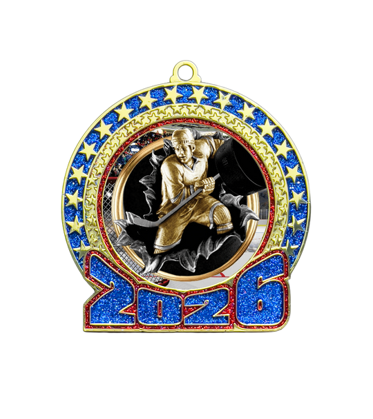 2026 Red and Blue Glitter Hockey Insert Medal