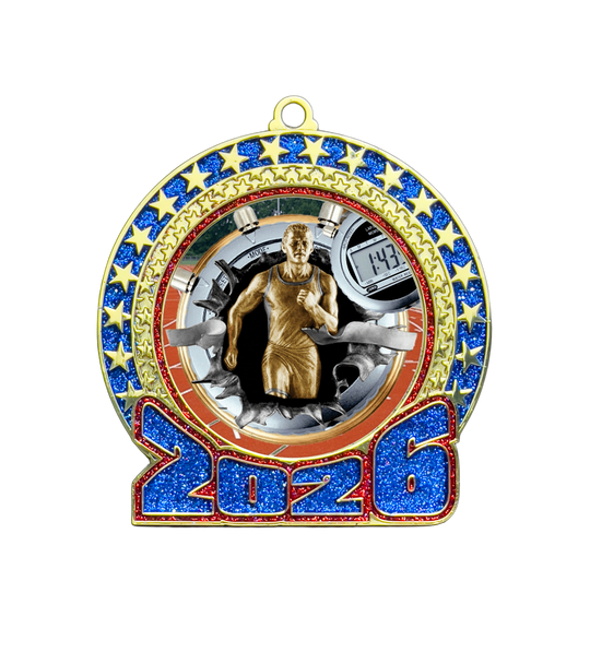 2026 Red and Blue Glitter Track Insert Medal