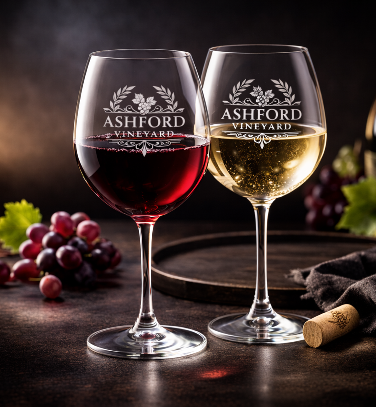 Two wine glasses with Ashford Vineyard branding, one filled with red wine and the other with white wine, on a dark surface with grapes and a cork.