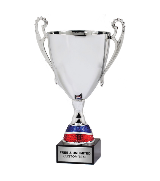 Silver Cup Trophy with Red and Blue Stem