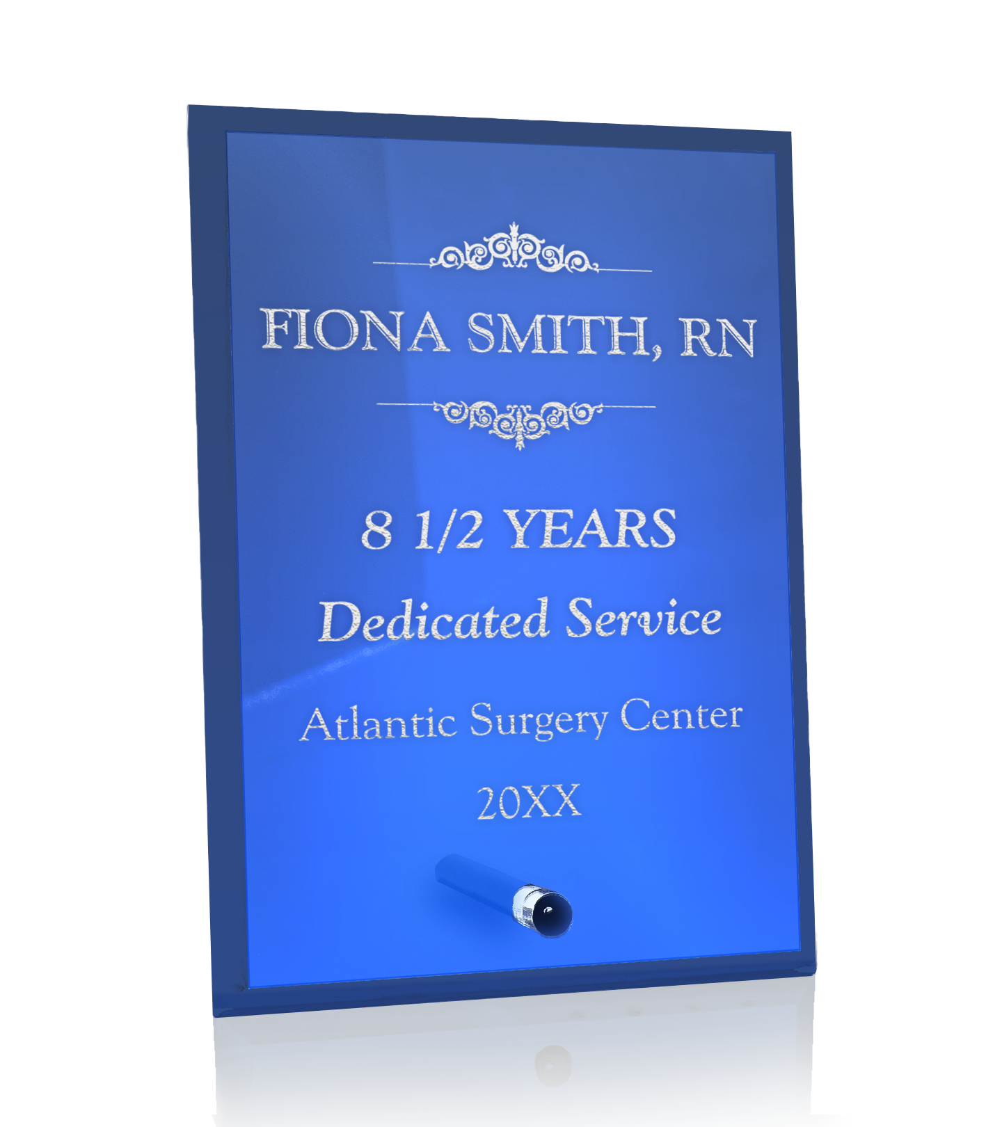 Custom Laser Engraved Standing Blue Glass Plaque Success