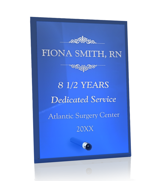 Laser Engraved Standing Blue Glass Plaque