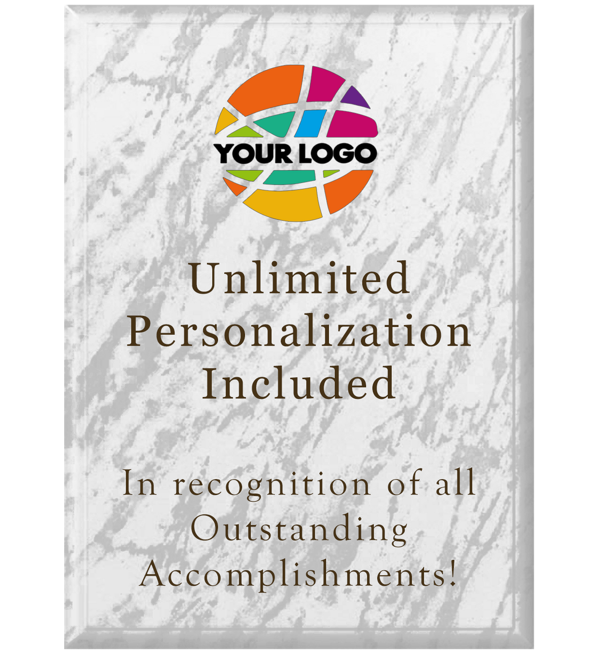 A color printed white marble plaque with a sample logo and text, offering free unlimited personalization for customization.