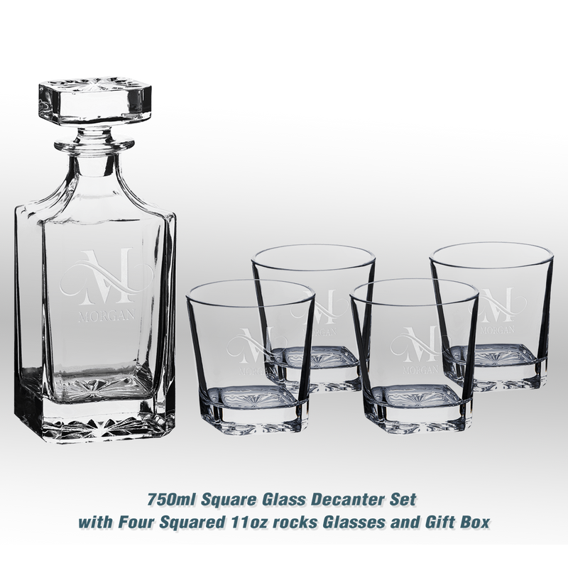 Custom Engraved 750ml Square Glass Decanter Set with Four Squared 11oz Rocks Glasses and Gift Box