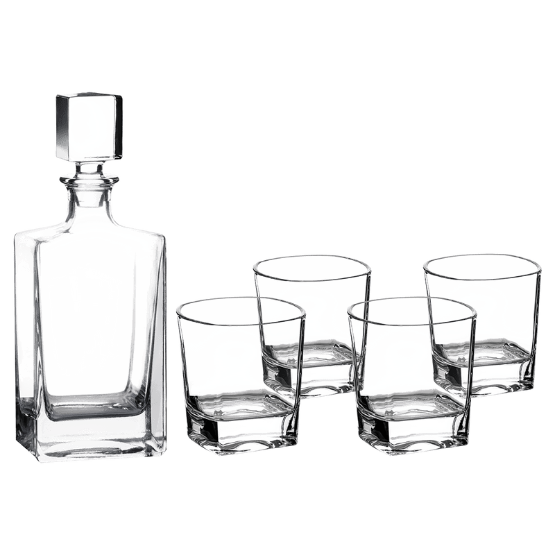 810ml Rectangle Glass Decanter Set with Four Squared 8oz Rocks Glasses