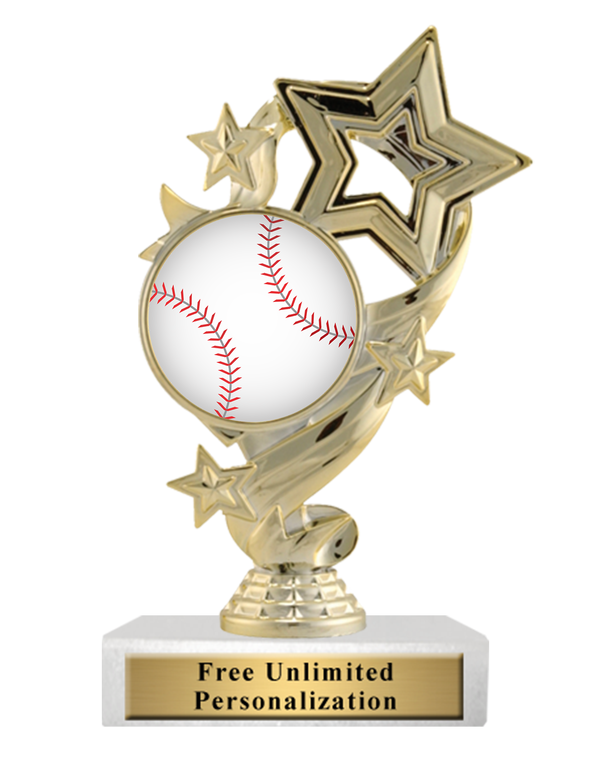 A gold baseball-themed trophy with a white baseball featuring red stitching, surrounded by gold stars, mounted on a white base with a gold plaque that reads 'Free Unlimited Personalization'.