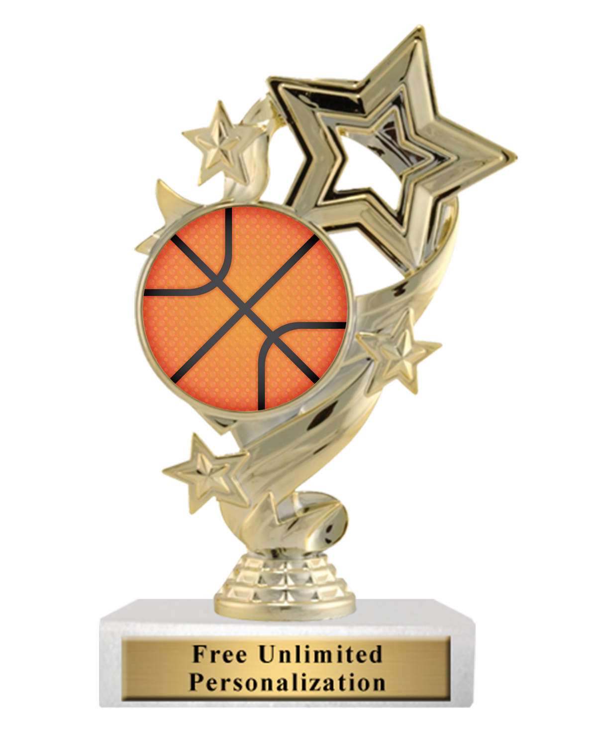 gold ribbon trophy with a basketball graphic on a white marble base