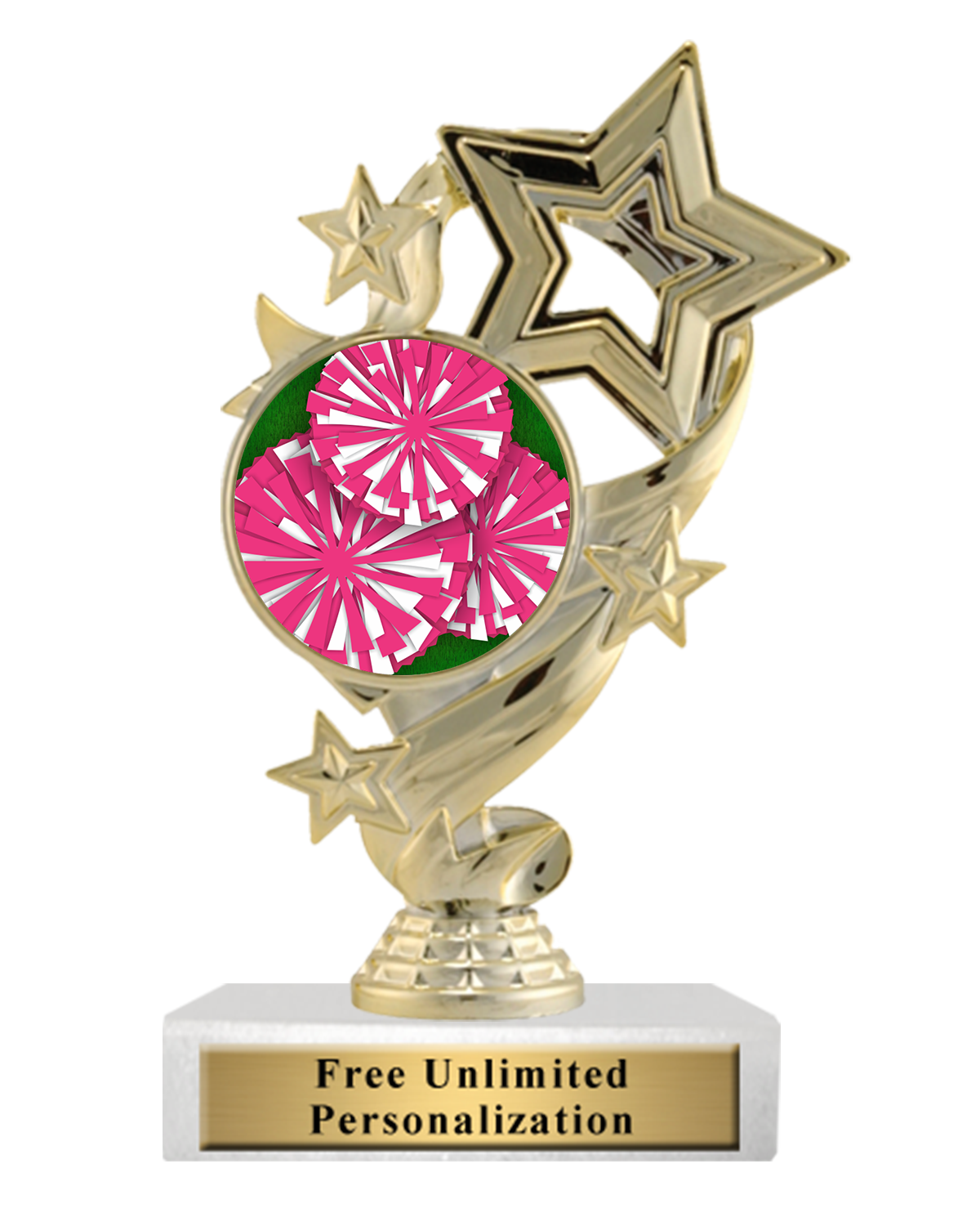 A gold-colored trophy featuring a swirling ribbon with layered stars, a circular insert with pink and white pom poms on a green background, and a white base with a gold plate for unlimited personalization.