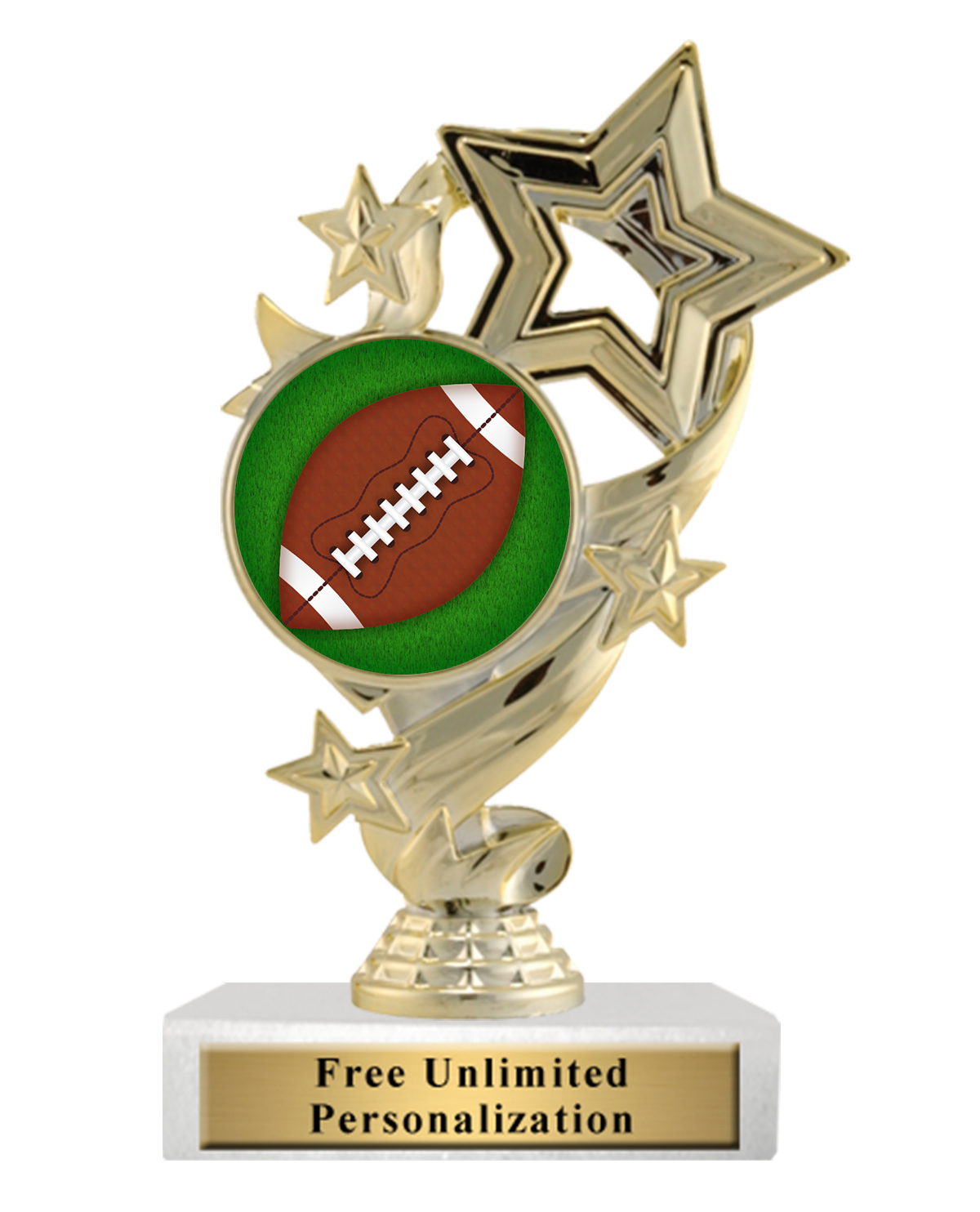 A gold-colored sports trophy featuring a football design, star accents, and a customizable plate on white marble base