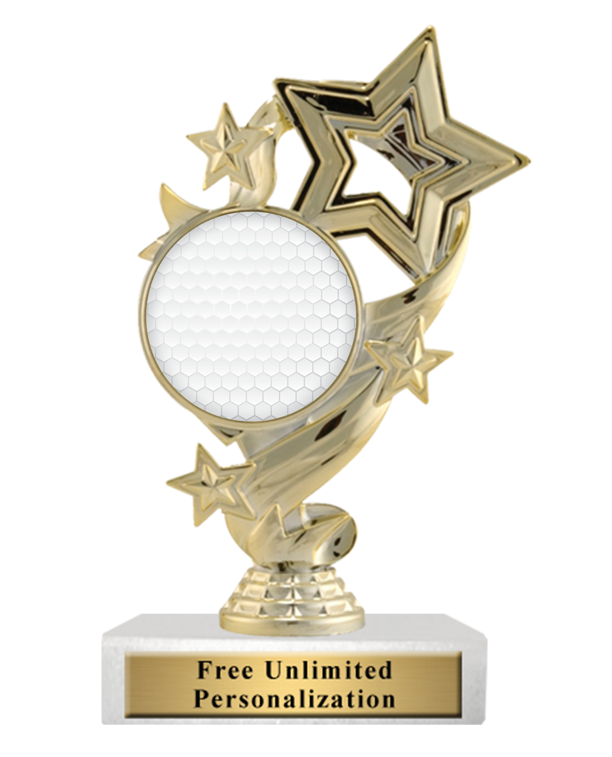 star ribbon gold trophy with golf ball graphic that is attached to a white marble base and a gold nameplate attached