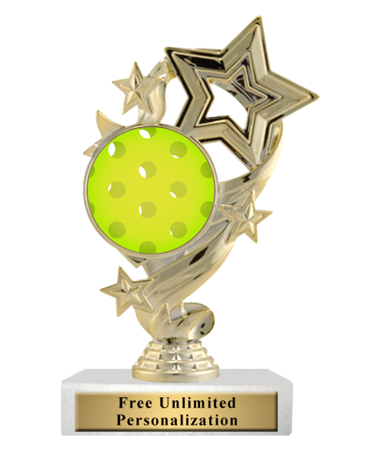 A gold-colored trophy featuring a pickleball graphic, surrounded by layered star cutouts, mounted on a white marble base with a gold nameplate