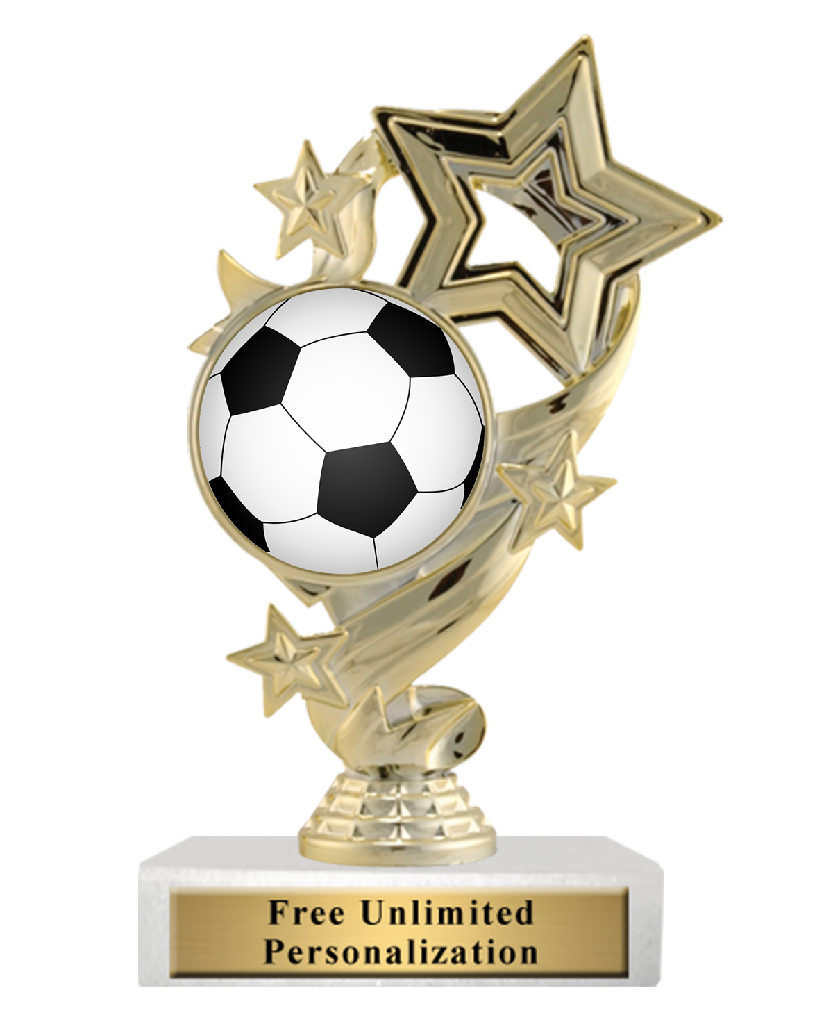 gold star trophy figure with a soccer ball graphic, attached to a white marble base with a gold plate featuring unlimited engraving