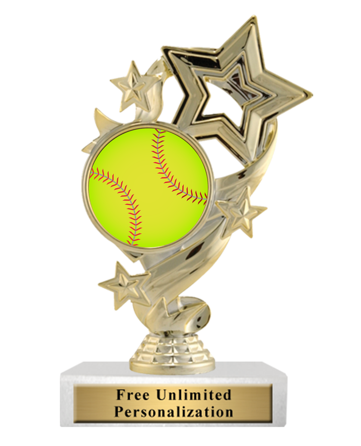 A gold-colored softball trophy with a bright yellow softball graphic, star accents, and a white base featuring a gold personalized nameplate that reads 'Free Unlimited Personalization'.