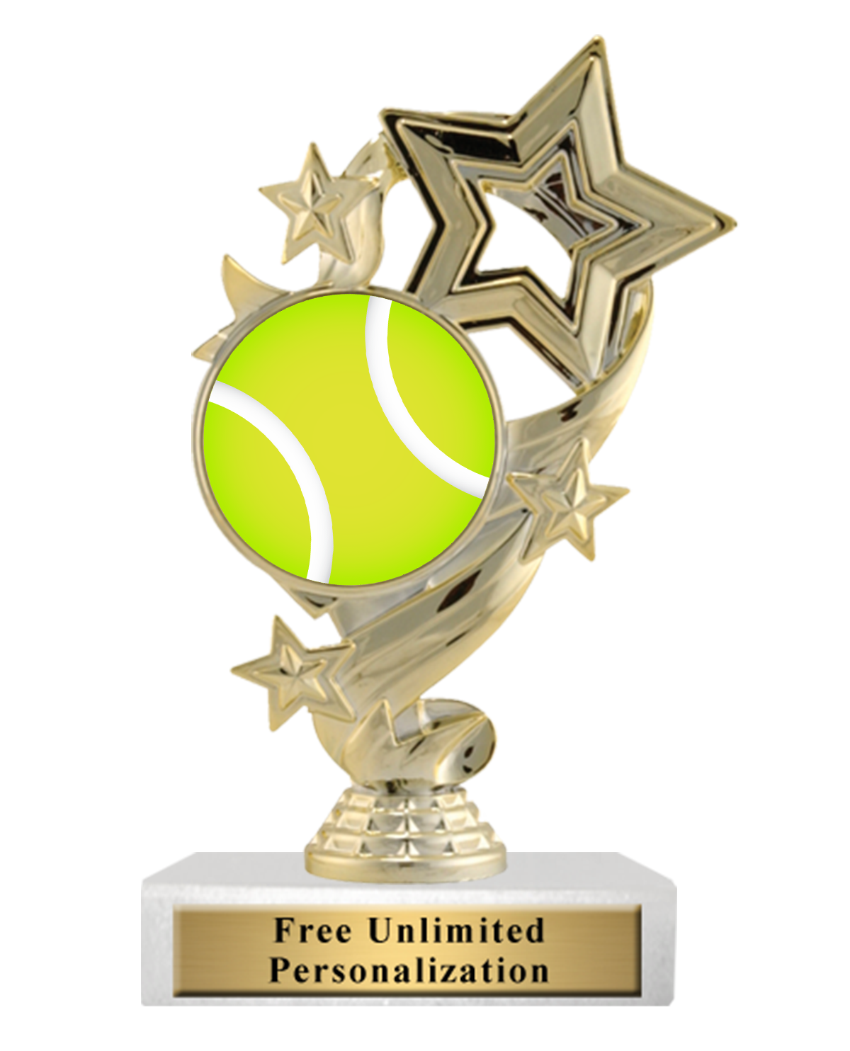A gold-colored trophy featuring a tennis ball graphic with layered star designs and a white base with a gold plate featuring free unlimited engraving