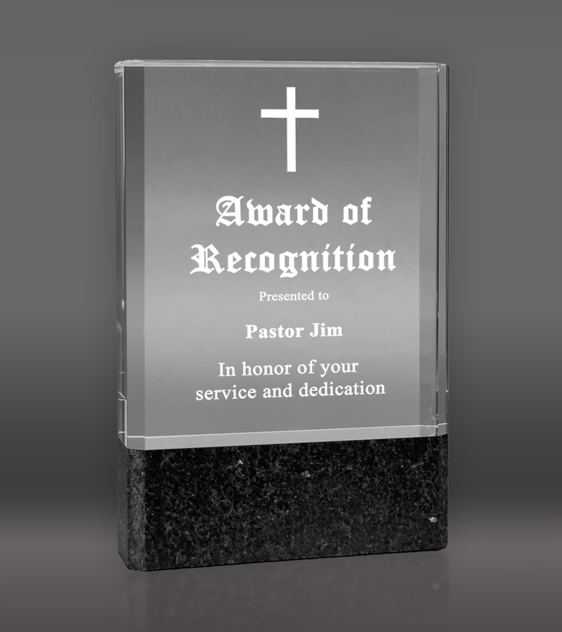 Custom Engraved Clear Fusion Crystal Award with Black Marble