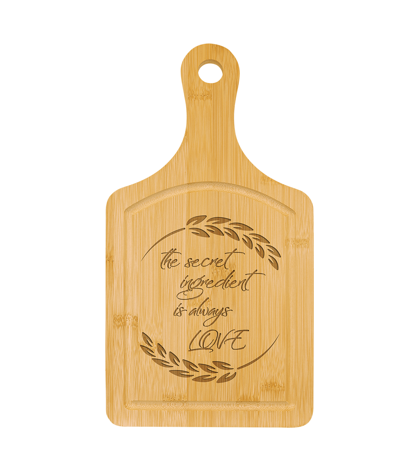  Engraved Bamboo Paddle Cutting Board with Drip Ring