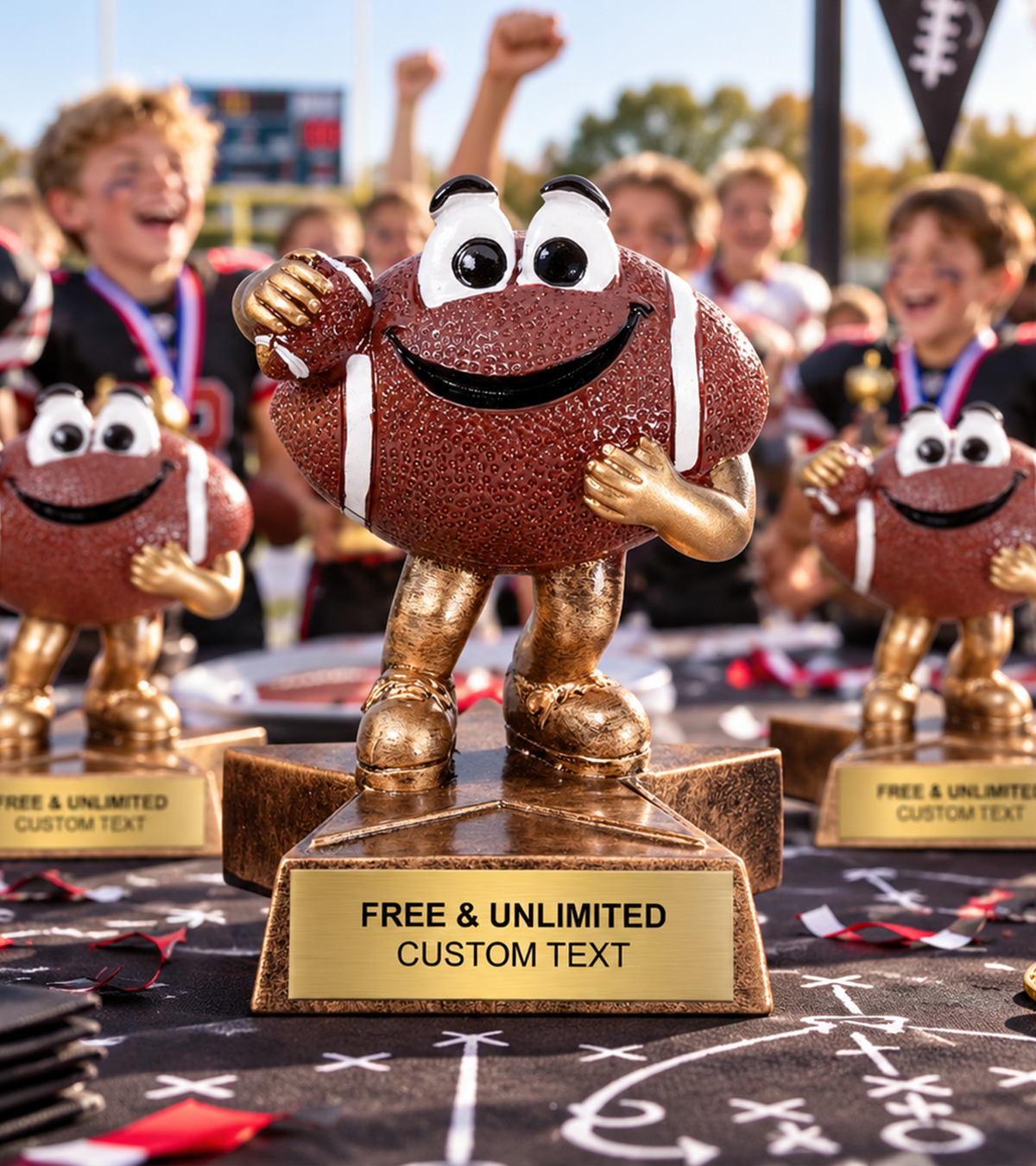 A gold football-shaped trophy with cartoon eyes and a smiling face stands on a custom bronze plaque at a football game. Other similar trophies are visible in the blurred background with cheering fans.