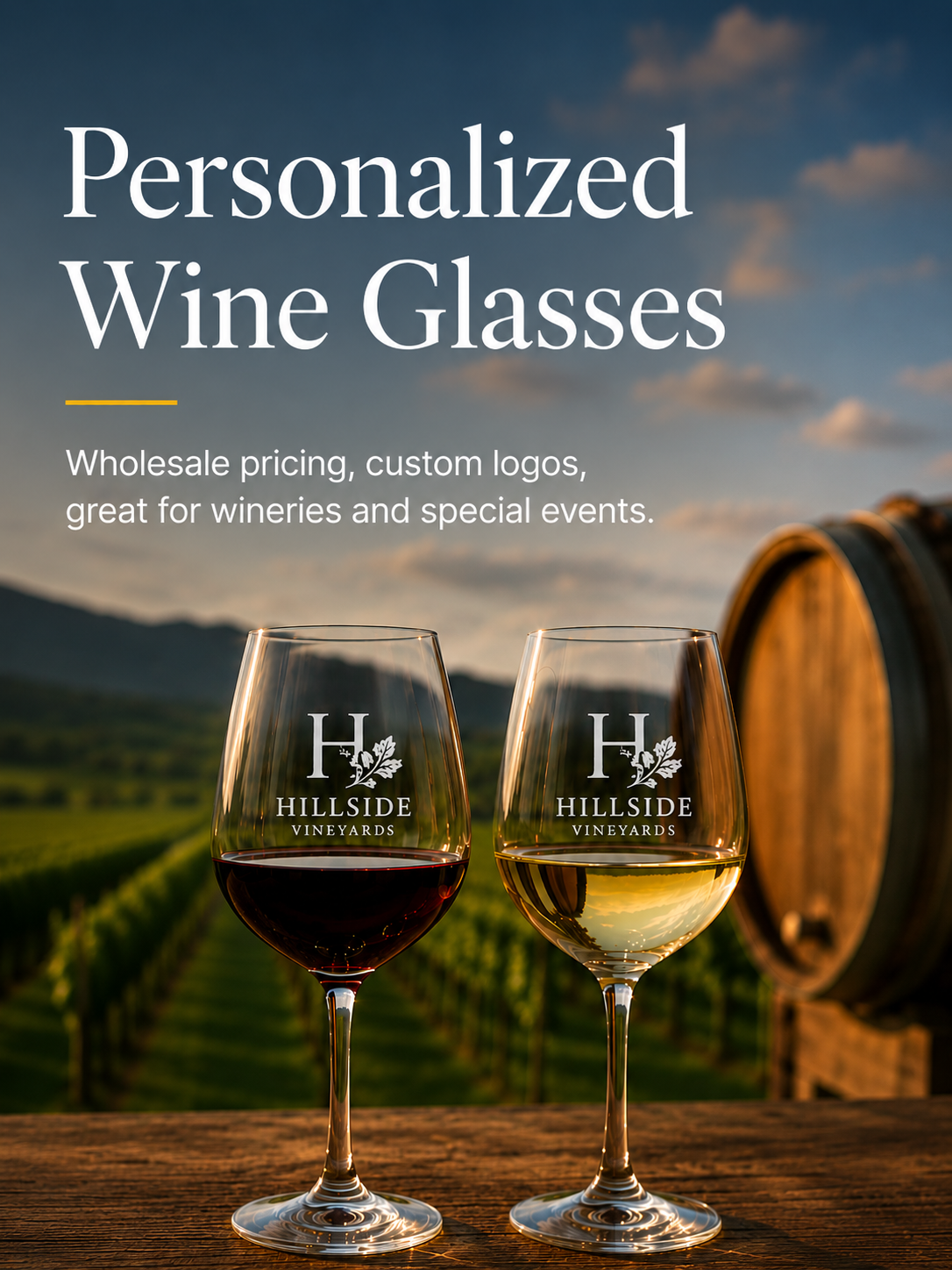 Two customized wine glasses with 'Hillside Vineyards' logo against a vineyard backdrop.