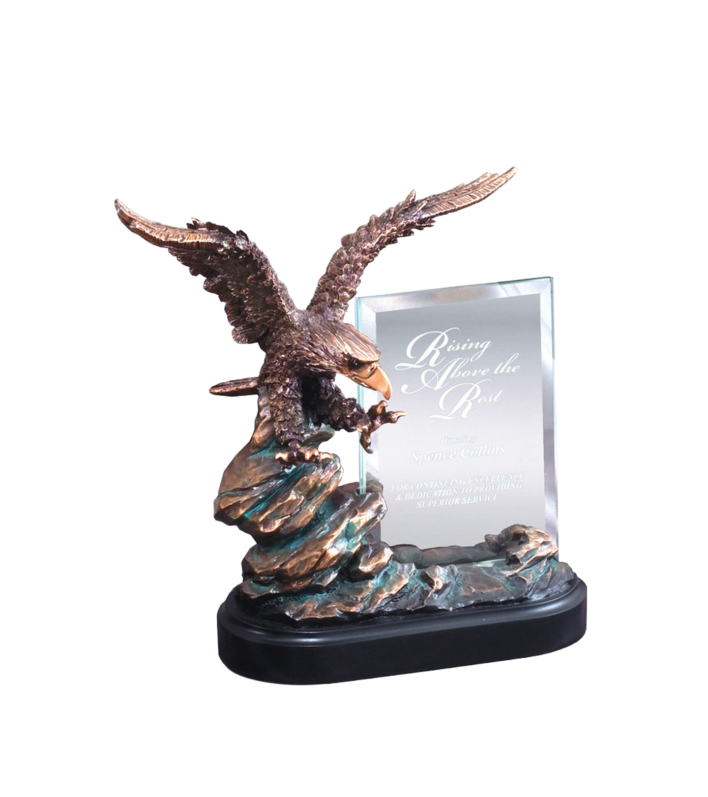 Bronze Cast Metal Eagle on Rock - Engraved Glass