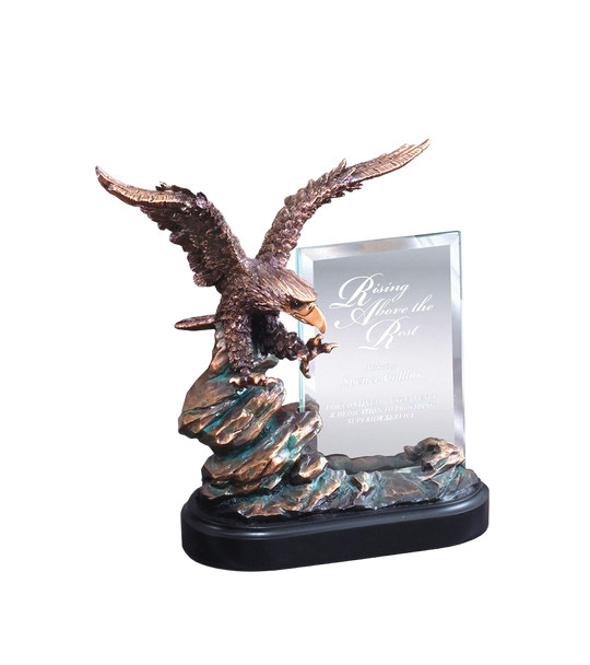 Bronze Cast Metal Eagle on Rock - Engraved Glass