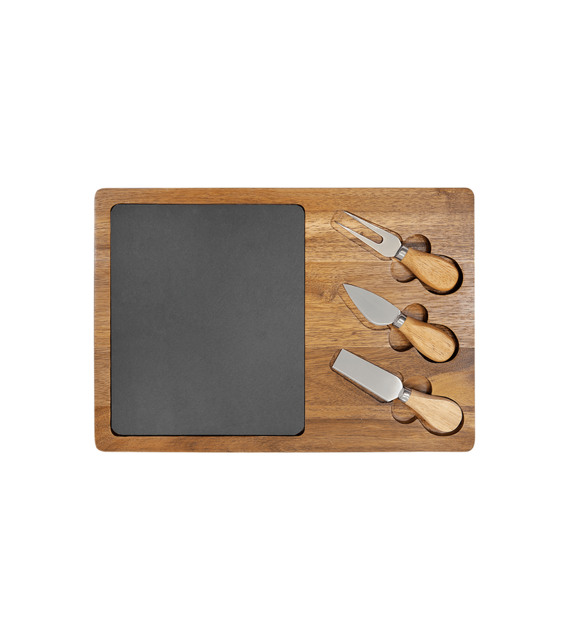  Acacia Wood/Slate Rectangle Cheese Set with Tools