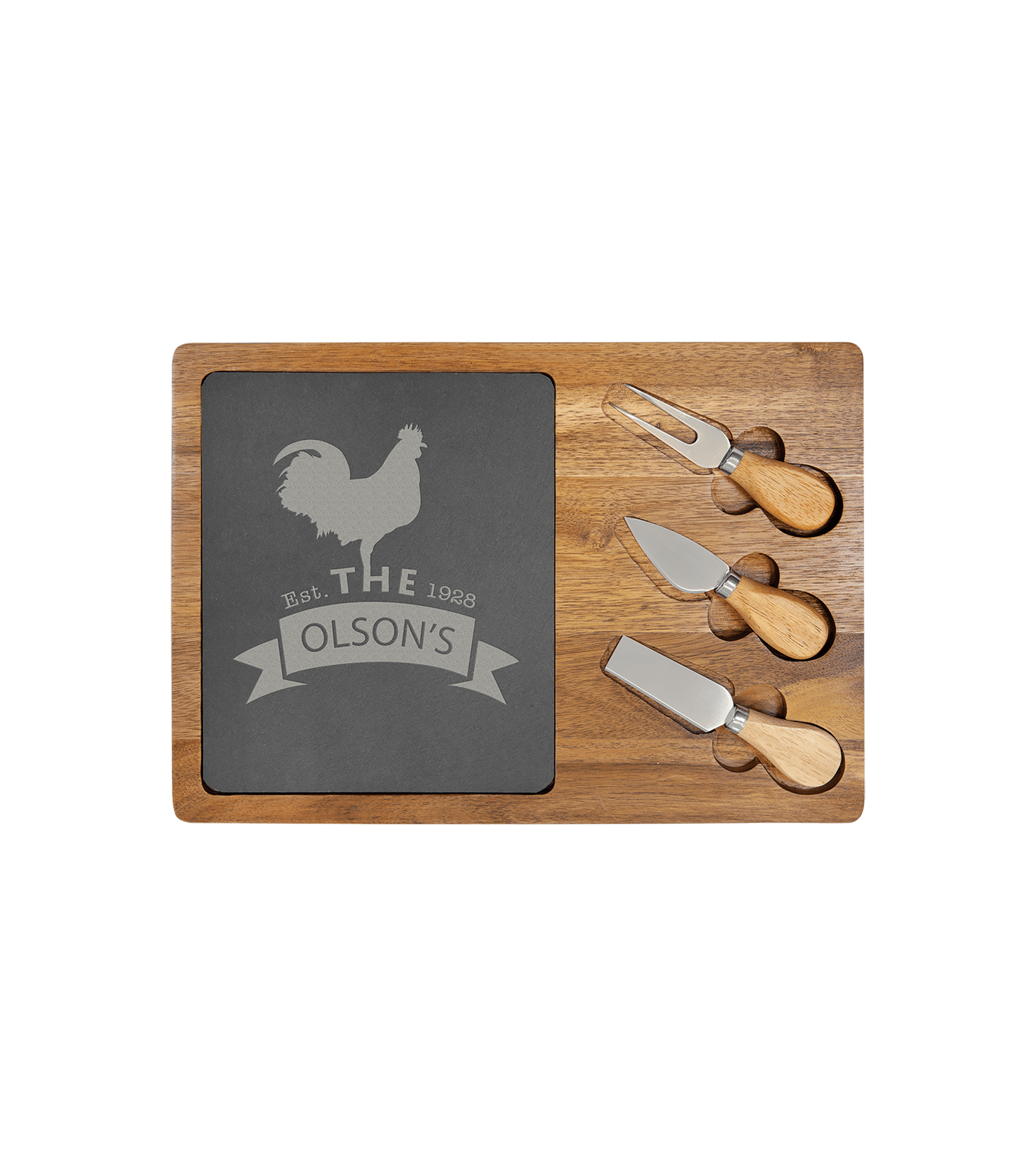 Engraved Acacia Wood/Slate Rectangle Cheese Set with Tools