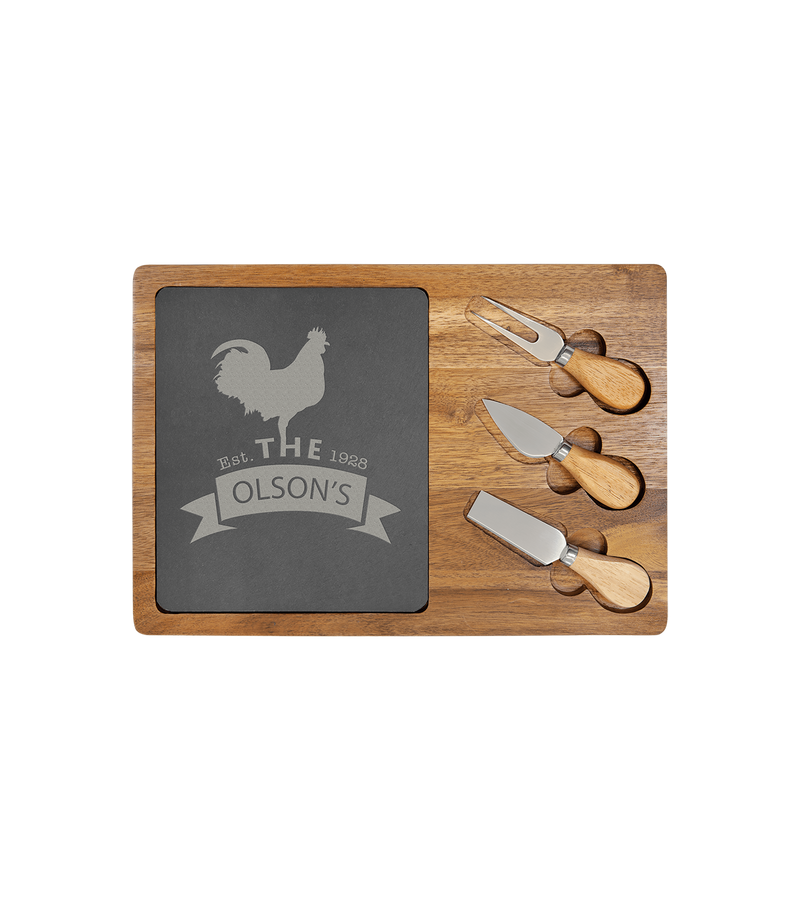 Engraved Acacia Wood/Slate Rectangle Cheese Set with Tools