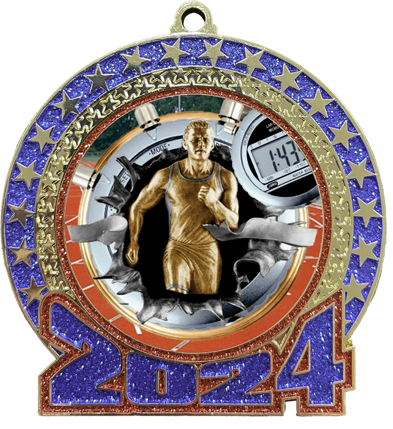 2024 Red and Blue Glitter Track Insert Medal