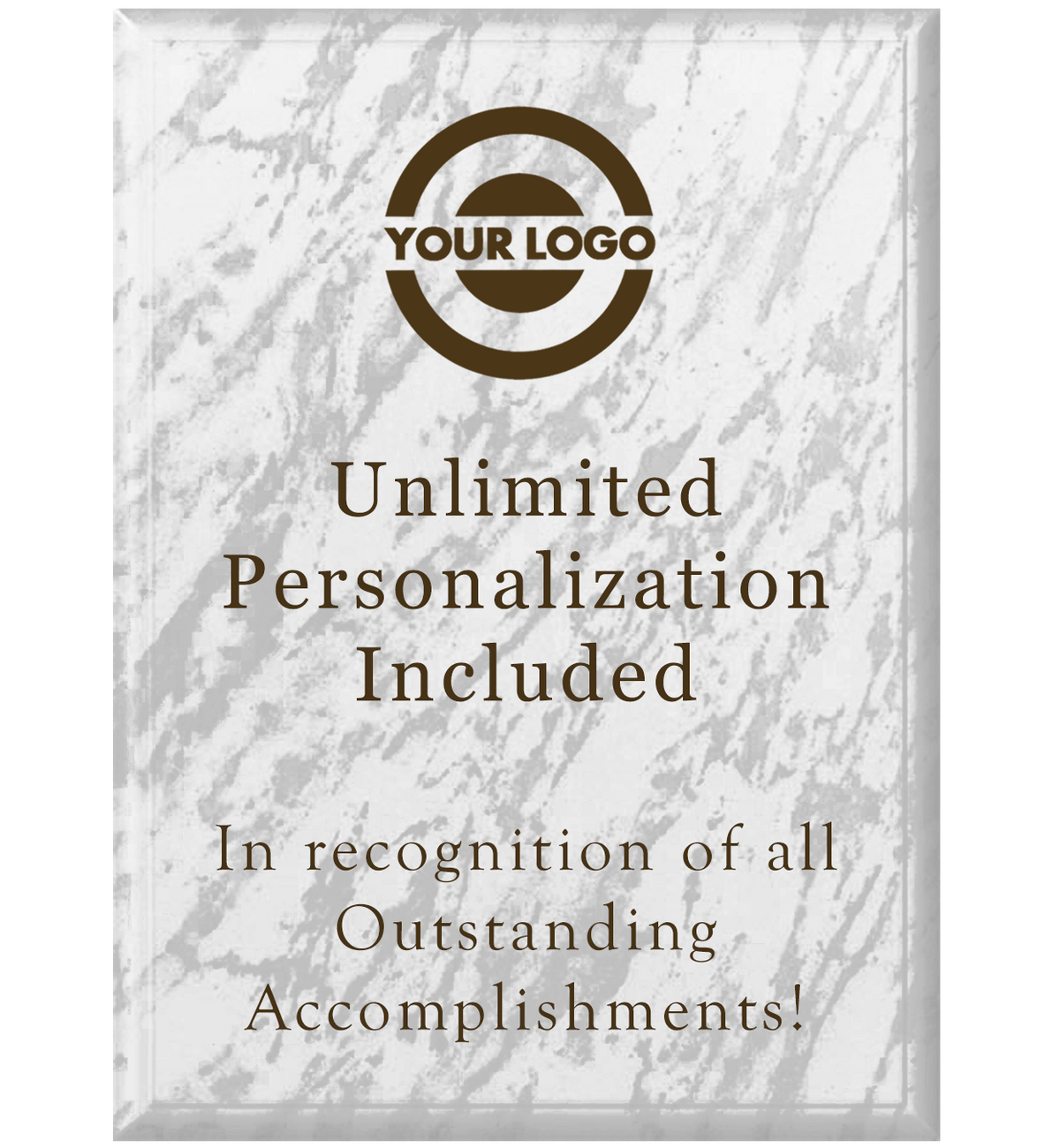 A rectangular wooden award plaque with a white marble veneer finish