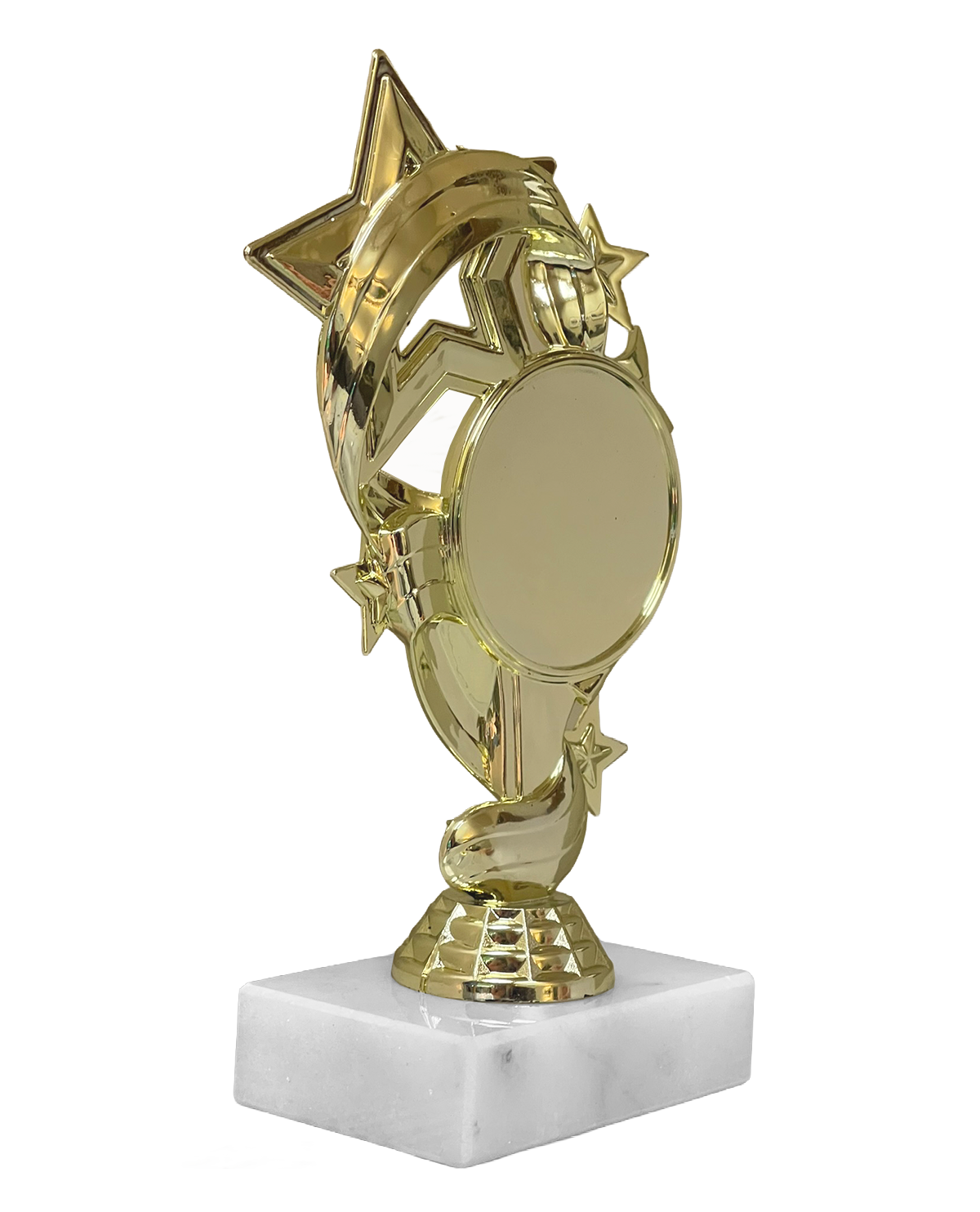 gold figure trophy and white marble base shown from a back angle