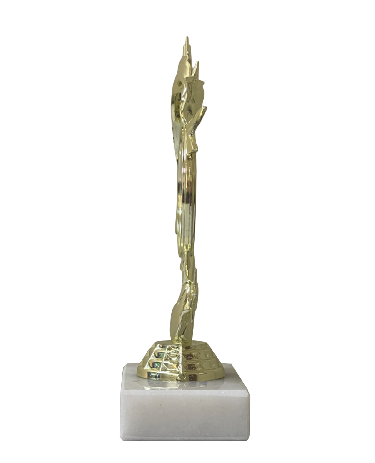 gold figure trophy and white marble base shown from a side view