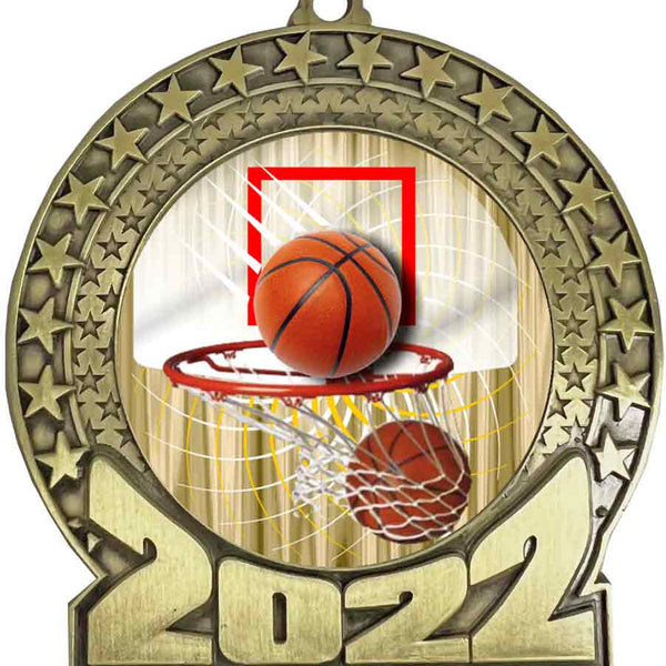 2 3/4 inch Basketball medals with a gold frame and 2 inch Epoxy dome  sticker insert.