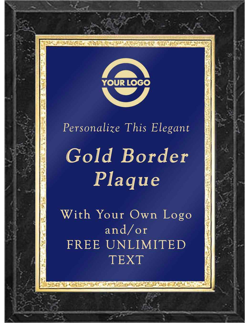 Black Marble Classic Double Gold Border Plaque - Blue