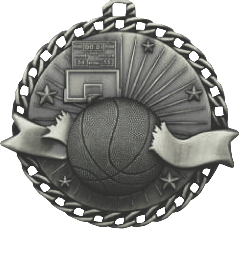 Silver Ribbon Burst Basketball Medal