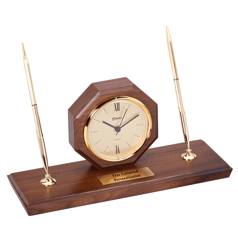 Wanut Octagon Desk Clock with Double Pen
