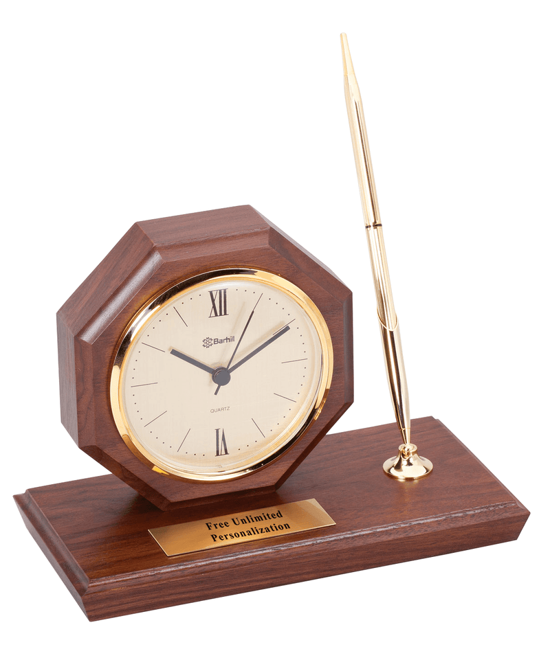 Walnut Octagon Desk Clock with Single Pen