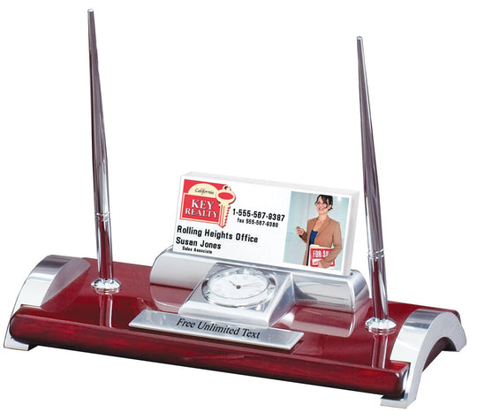 Two Pen Desk Clock with Business Card Holder