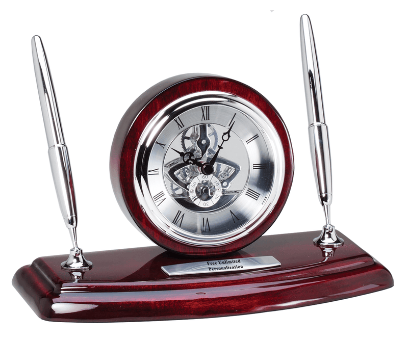 Rosewood and Silver Clock with Double Pens