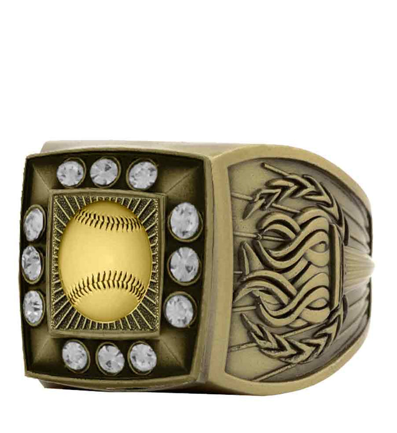Gold Baseball Championship Ring With Stones Bezel