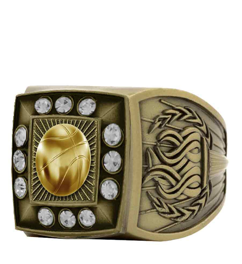 Gold Basketball Championship Ring With Stones Bezel