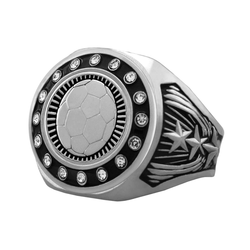 Bright Silver Soccer Championship Ring - Stones