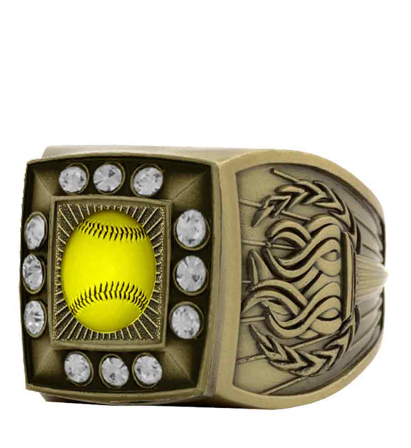 Gold Softball Championship Ring With Stones Bezel